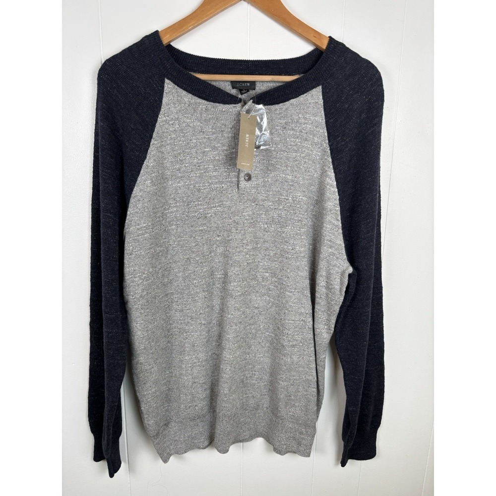 J Crew Henley Mens Large Knit Gray and Navy Blue Shirt Pullover Light Knit Layer